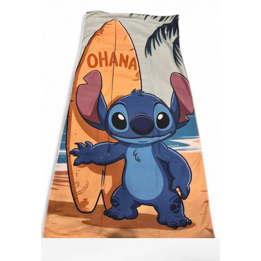 Stitch beach towel with Stitch holding a surfboard with the word 'OHANA'